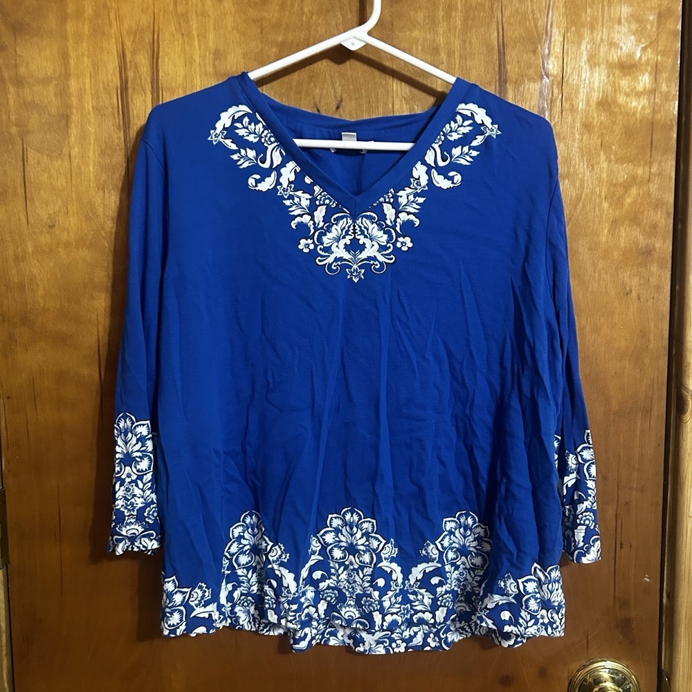 Chicos Blue Floral V Neck 3/4 Sleeve Blouse‎ Size XL 3 Pima Cotton